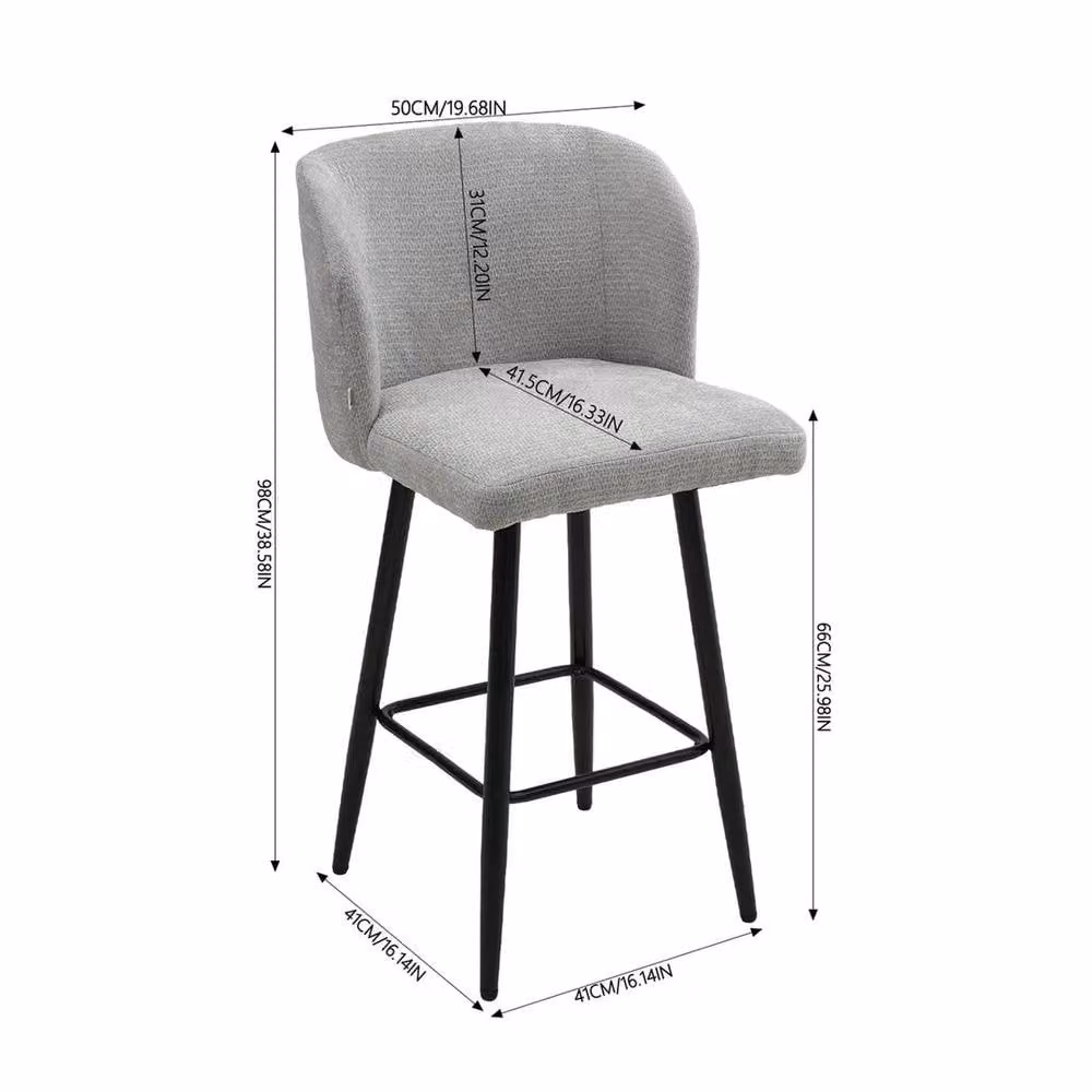 KORVIXA Set of 2 Grey Chenille Bar Stools with Backrest and Metal Legs – 2