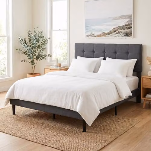 Levede Upholstered Fabric Bed Frame with Headboard in Grey, W/D/H: 180 x 150 x 200 cm – 5