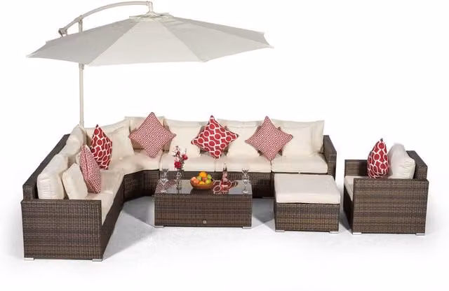 Giardino Santorini 7 Seat Rattan Sofa Set with Armchair, Coffee Table and Ottoman in Brown and Grey