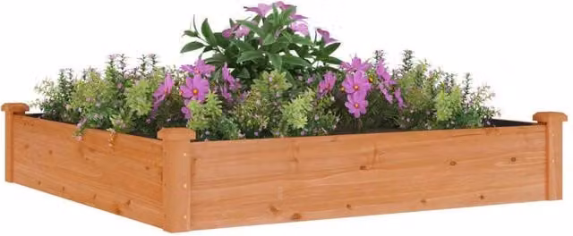 Berkfield Home Garden Raised Bed in Brown Solid Wood with Liner, W/D/H: 120 x 120 x 25 cm