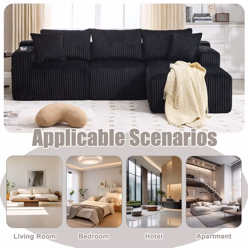 Direct Wicker Black L-Shaped Modular Sectional Sofa with 3-Seater Upholstered Fabric Cushions and Cup Holders – 5