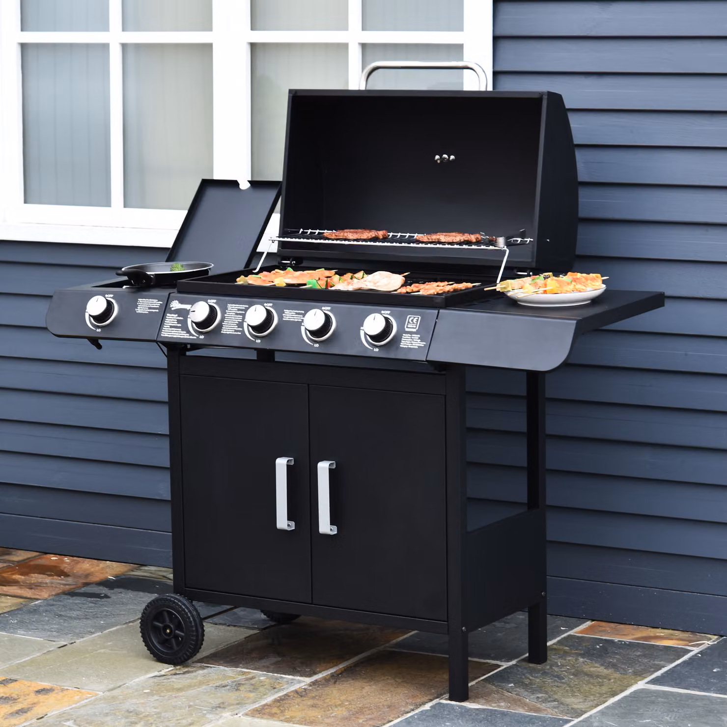 Outsunny 4+1 Gas Burner BBQ Trolley with Side Burner, Smoker, and Storage Side Table in Black – 2
