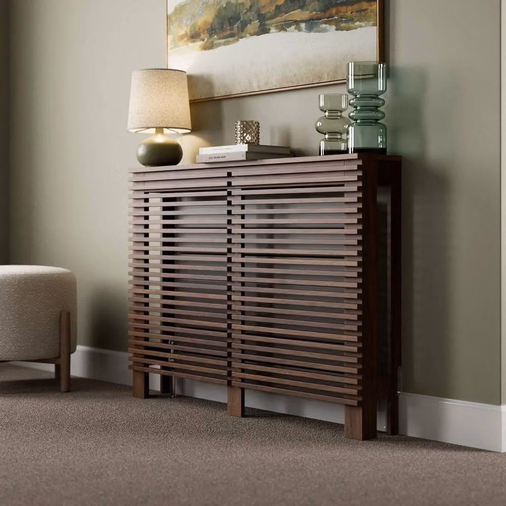 FORGEVIO Modern Walnut Radiator Cover with Horizontal Slat Shelves in Brown – 3