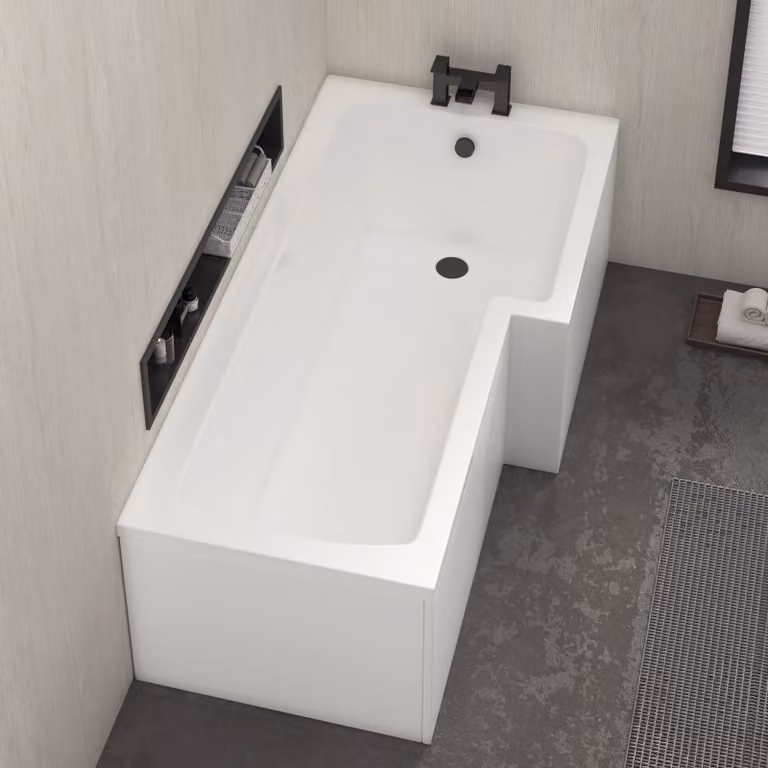 Qubix White Acrylic L-Shaped Corner Shower Bath with Front and End Panels, W: 150 cm, D: 85 cm