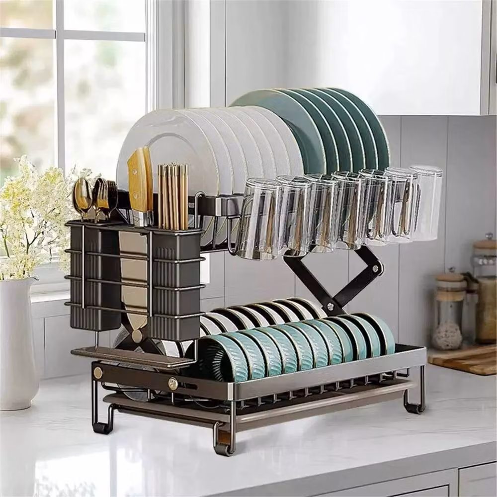 Nordara 2-Tier Black Dish Drying Rack with Drip Tray and Cutlery Holder – 3