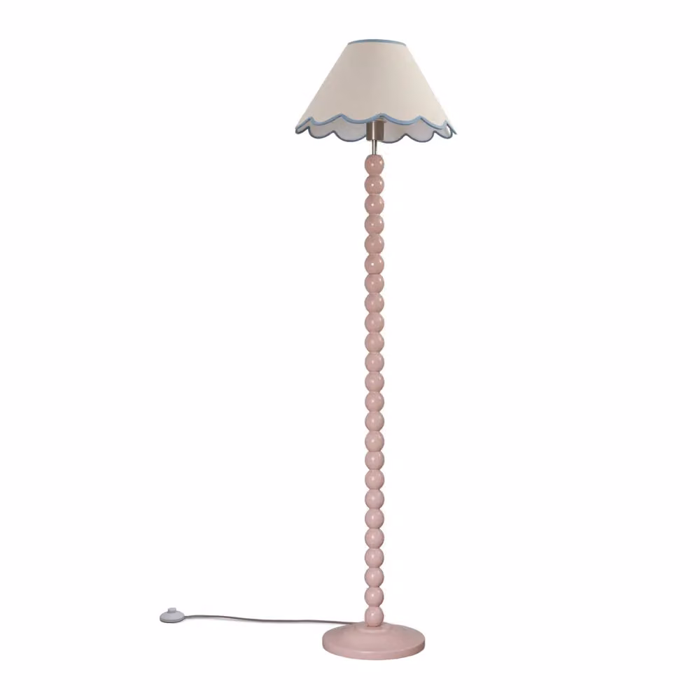 ValueLights Bobbins Rose Pink Floor Lamp with Blue Fabric Scallop Shade and LED Bulb – 2