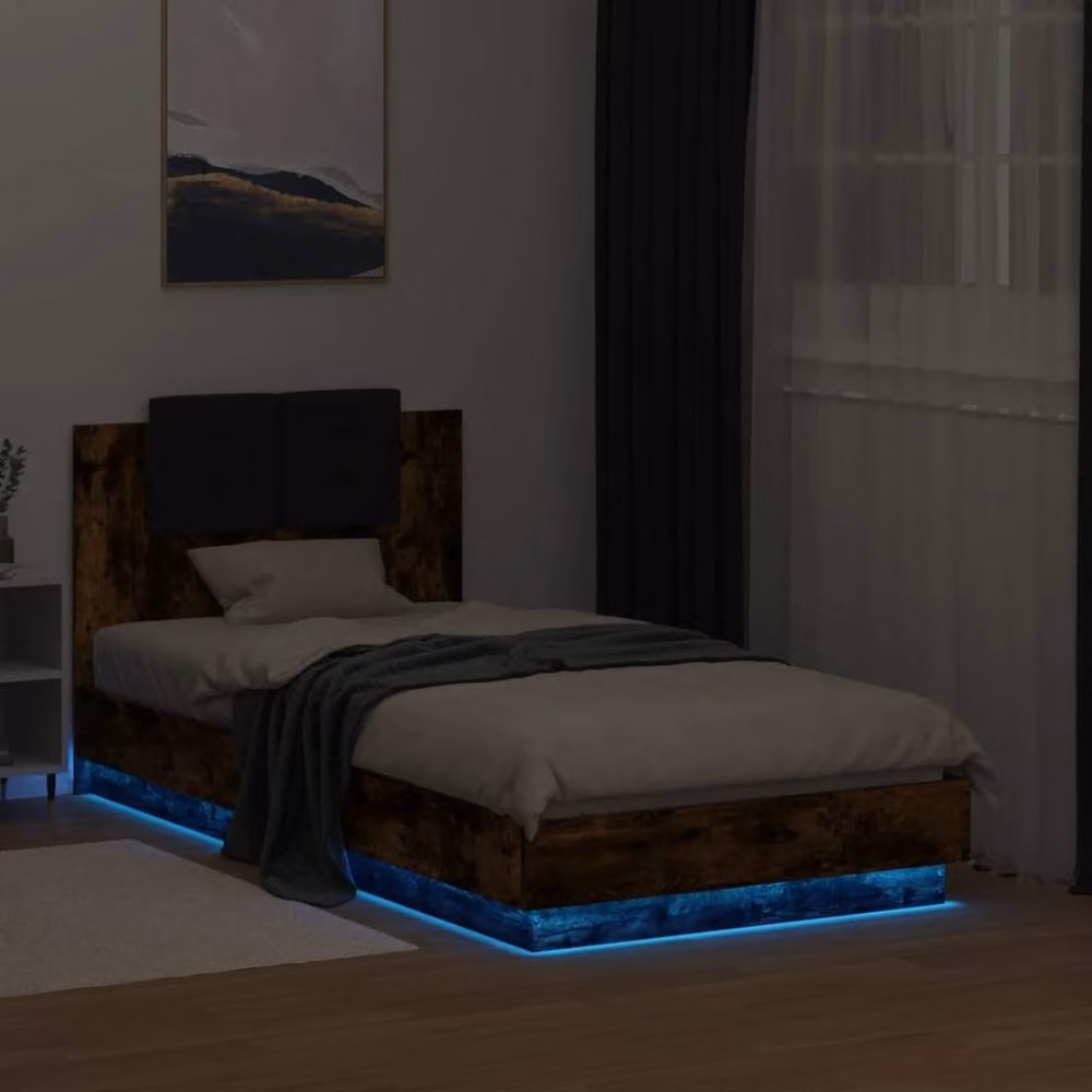 Berkfield Home Durable Single Bed Frame with Under-Bed LED Lighting in Smoked Oak Brown, W/D/H: 90 x 190 x 84 cm – 4