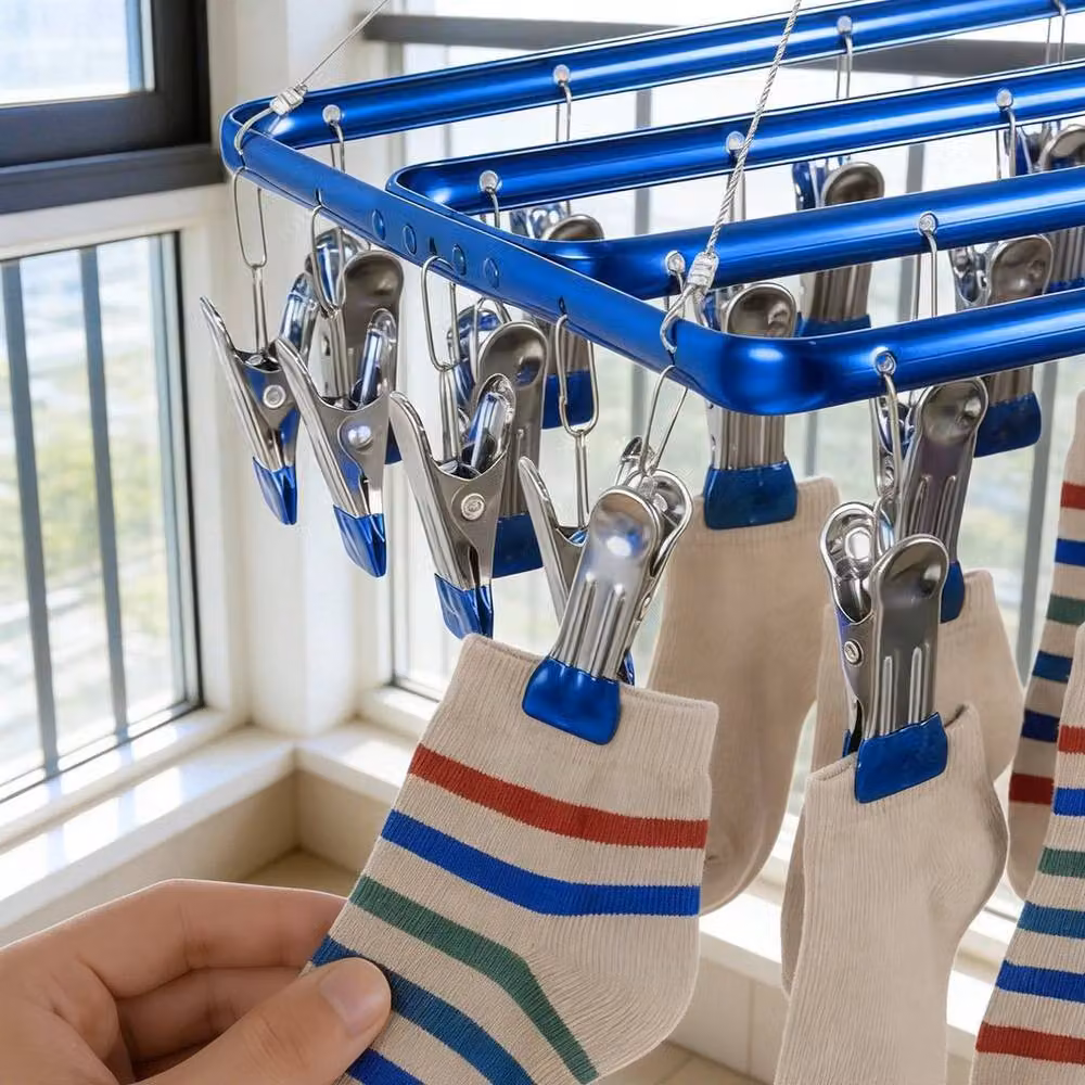 EONLION Blue Aluminium Alloy Multi-Clip Drying Rack with Windproof Hooks, Width: 100 cm – 3