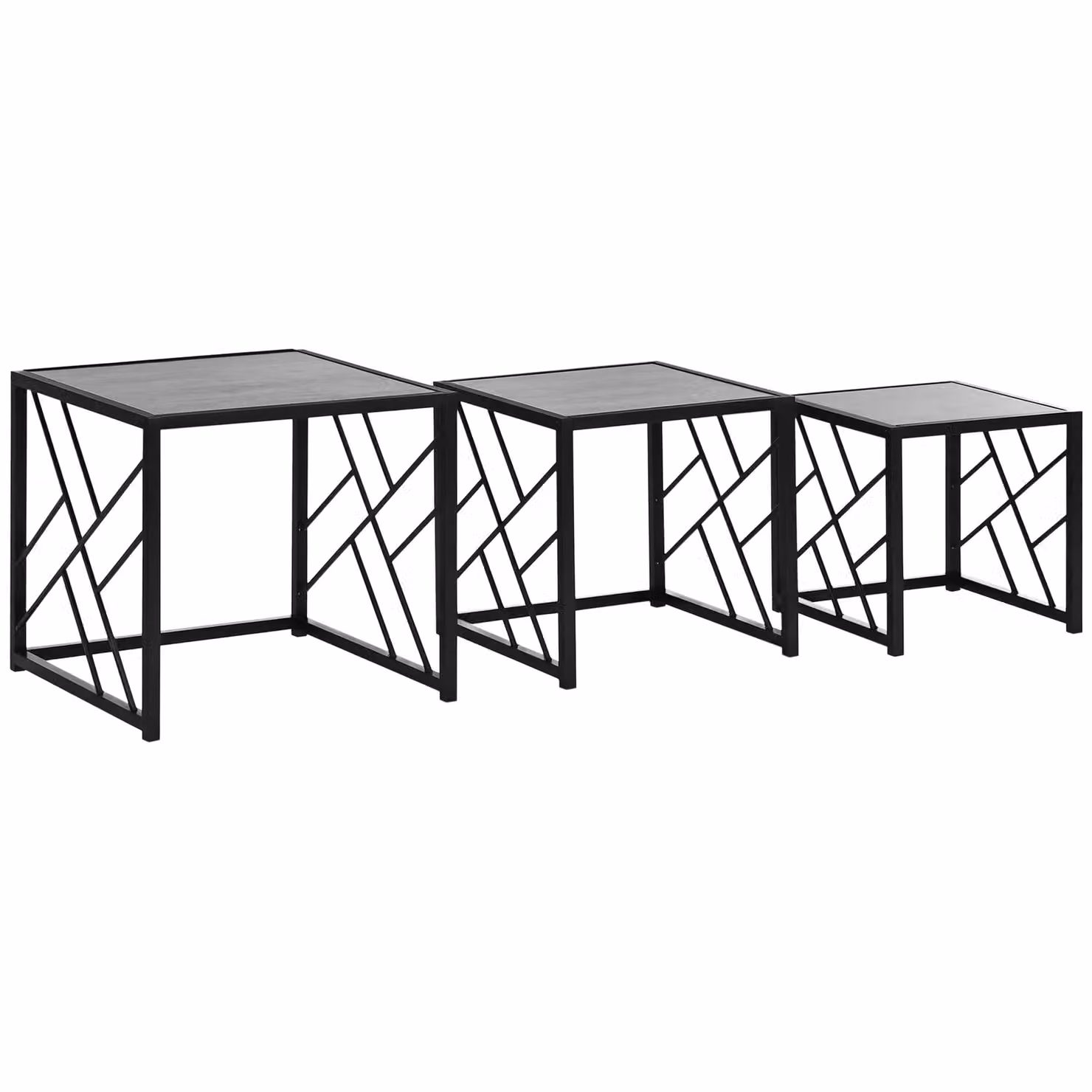 HOMCOM Set of 3 Nesting Square Coffee Tables with Metal Frame in Grey and Black – 2