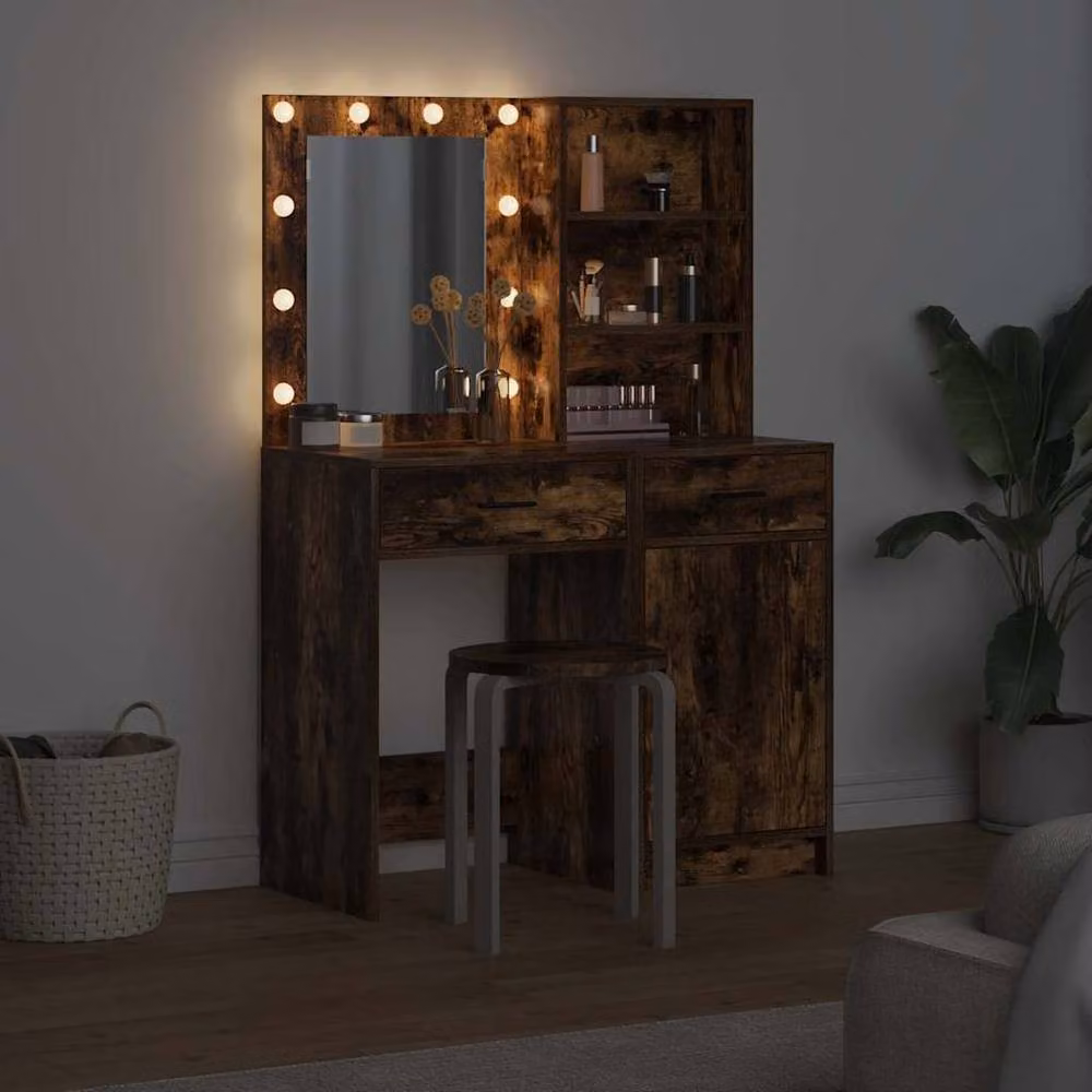 Berkfield Home Modern 2 Piece Hollywood LED Dressing Table Set in Smoked Oak Brown – 4