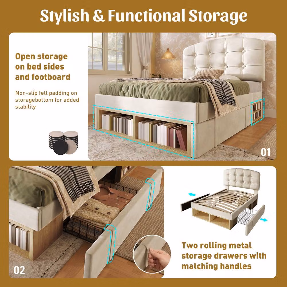 Merax Single Upholstered Bed with Drawers in Beige, W/D/H: 90 x 190 cm – 4