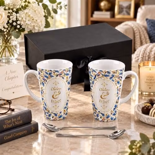 Purely Home Older & Wiser Ornate Tall Latte Mugs and Spoons Gift Set in Blue and Gold with Floral Design – 2