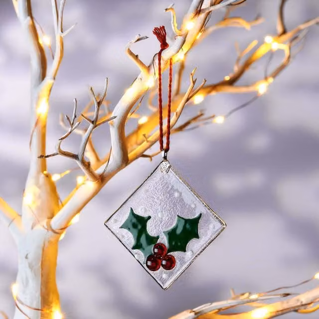 Sienna Glass Handmade Fused Glass Hanging Ornament with Green and Red Holly Leaf Design