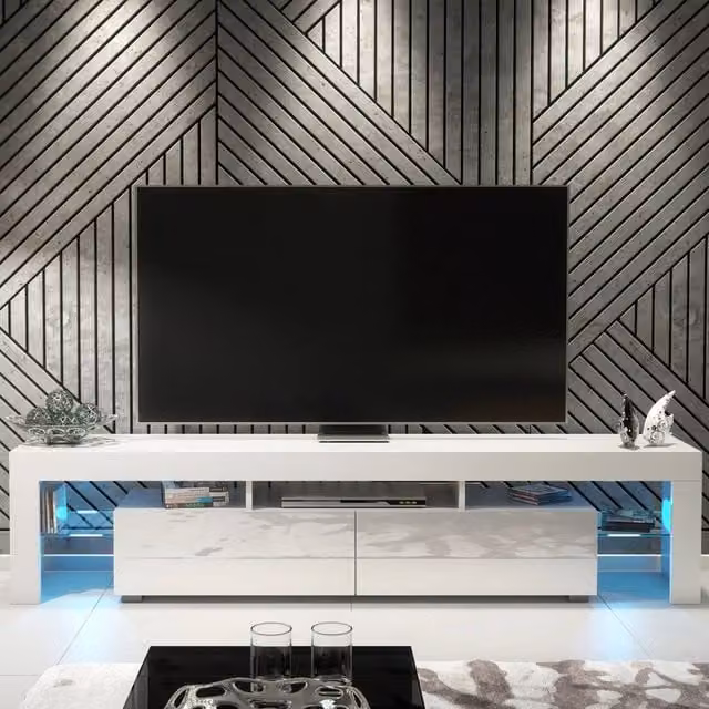 Creative Furniture Nova TV Unit in White with Glossy Doors and LED Lights, W/D/H: 200 x 35 x 45 cm – 1