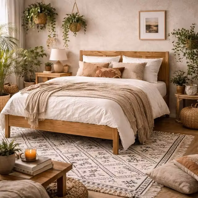 Wyld Haus Dungarvan King Size Chevron Solid Wood Bed in Natural Brown and Beige, W/D/H: 180 x 200 cm – 1