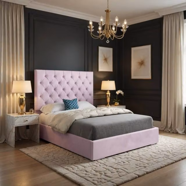 KDMD Fikston Double Upholstered Velvet Designer Bed Frame in Pink – 1