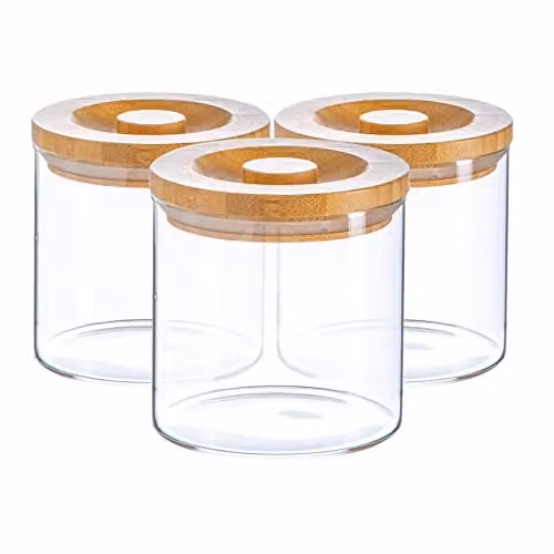 Argon Tableware Set of 3 Scandi Airtight Glass Storage Jars with Wooden Lids, 550ml, Transparent – 1