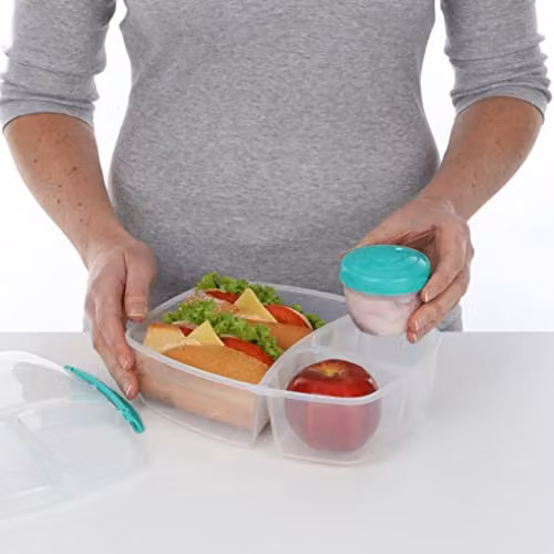 Sistema To Go Triple Split Lunch Box with Yoghurt Pot, 2L Airtight and Stackable Food Storage Container, Turquoise – 2