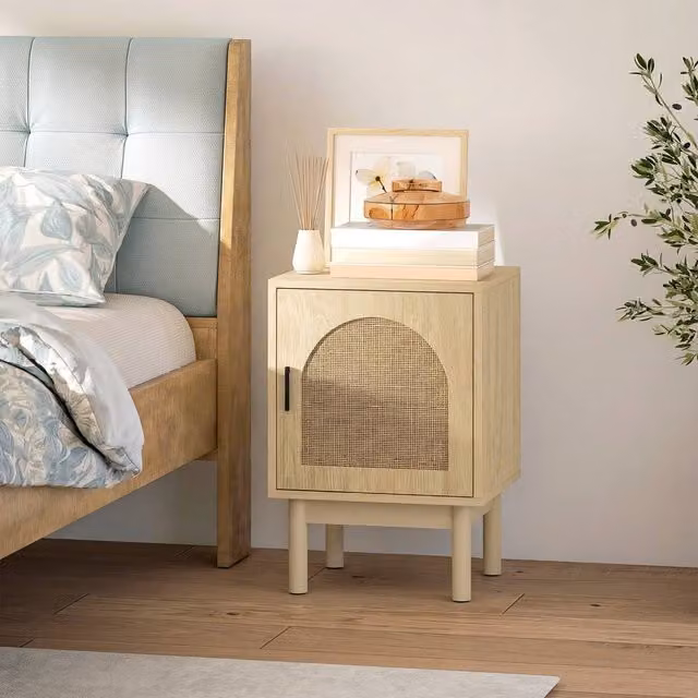 HOMCOM Boho Rattan Bedside Table with Adjustable Shelf, Beige