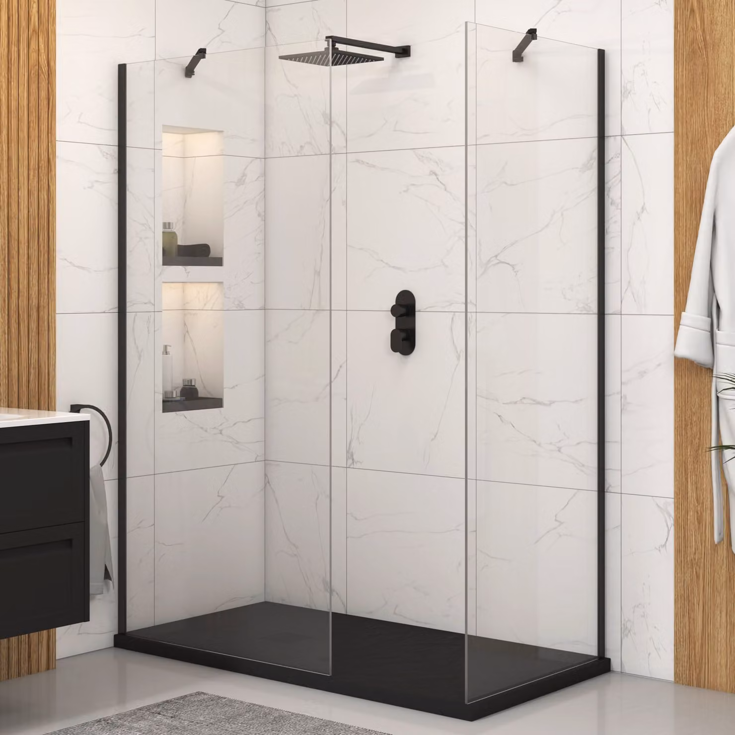 Royal Bathrooms Marbella Walk In Shower Enclosure with Black Stone Tray, W/D: 140 x 70 cm, 8mm Easy Clean Glass, Matt Black