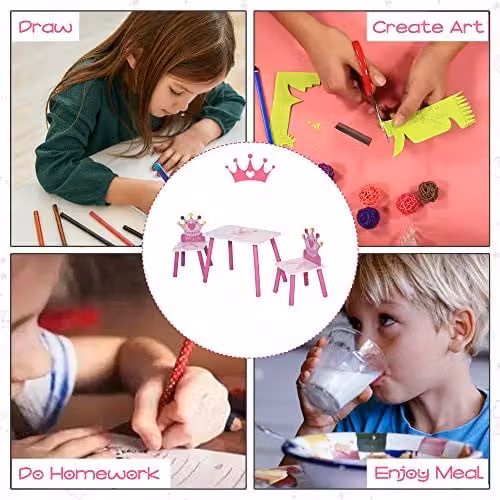HOMCOM 3 Piece Kids Princess and Crown Table and Chair Set, Pink, W/D/H: 42 x 55 x 34 cm – 3