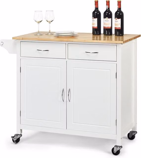 COSTWAY Rolling Kitchen Island Cart in White Lacquered Wood and MDF