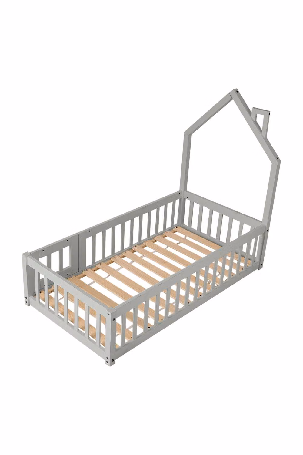 H&O Direct Grey Pine Wood House-Style Kids Bed with Guardrails – 2