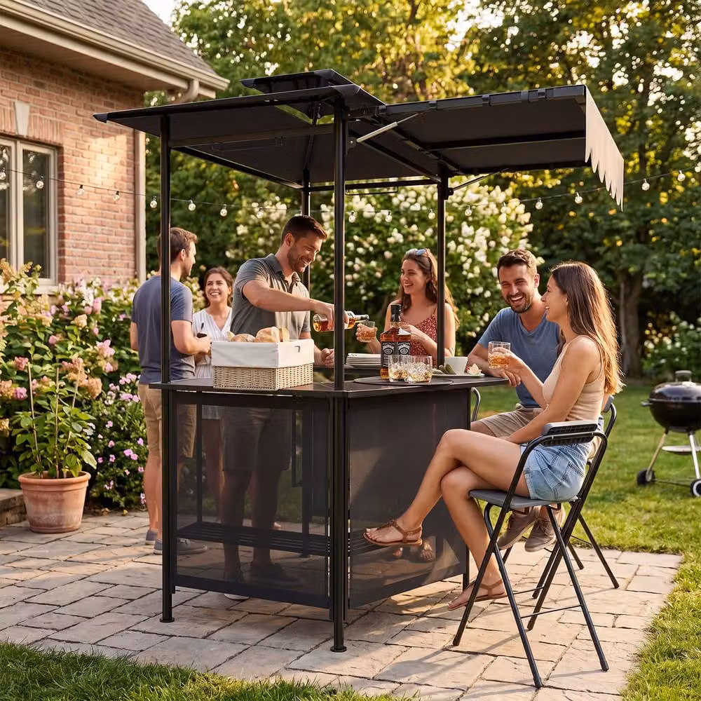 Gymax Outdoor Bar Set Including Grill Gazebo, Bar Table and 2 Folding Bar Stools in Grey – 3