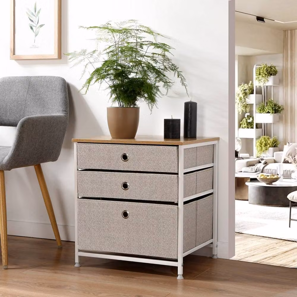 CALICOSY 3-Drawer Chest in White and Beige Non-Woven Fabric, W: 48 cm, D: 40 cm, H: 51 cm – 2