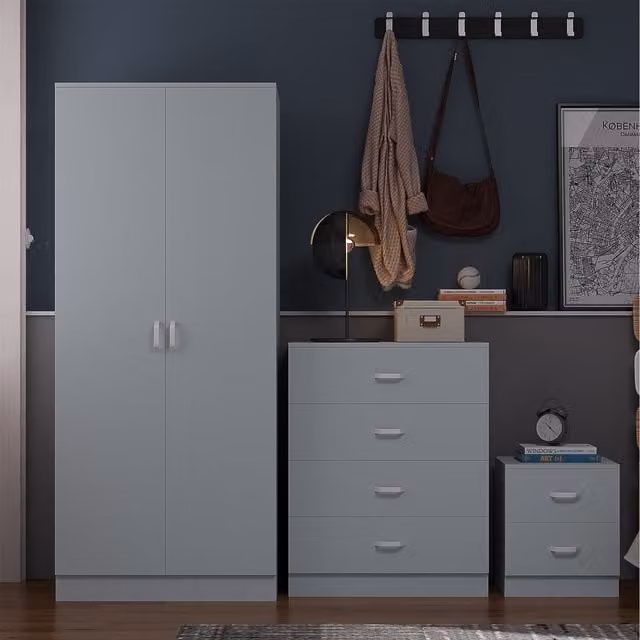 FWStyle Modern Tall 2 Door Double Wardrobe with Curved Metal Handles in Matt Grey