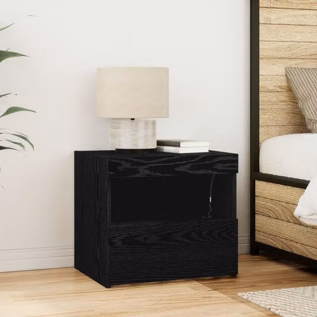 Berkfield Home Bedside Cabinet with Integrated LED Lights in Black Oak, W/D/H: 50 x 40 x 45 cm