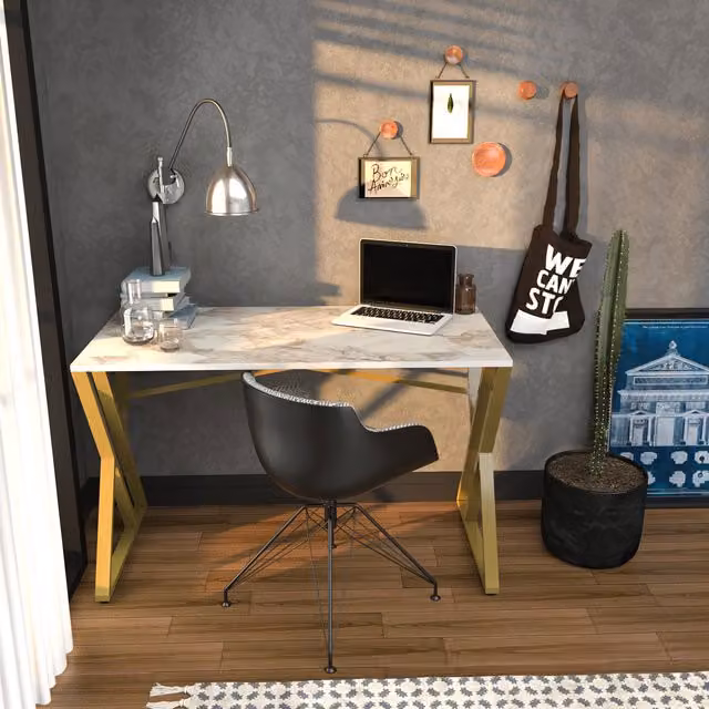Decorotika Gyza Computer Desk in White and Gold with Metal Legs – 1
