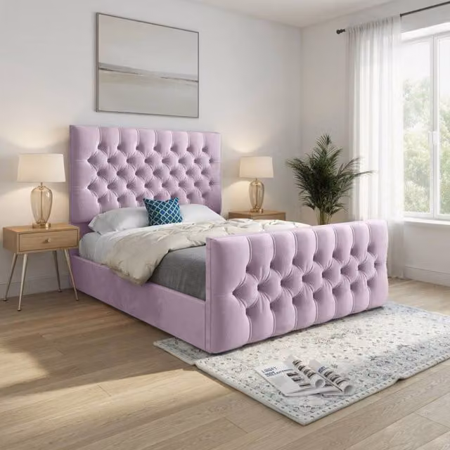 KDMD Shawford Small Double Upholstered Designer Bed Frame in Pink Soft Velvet – 1
