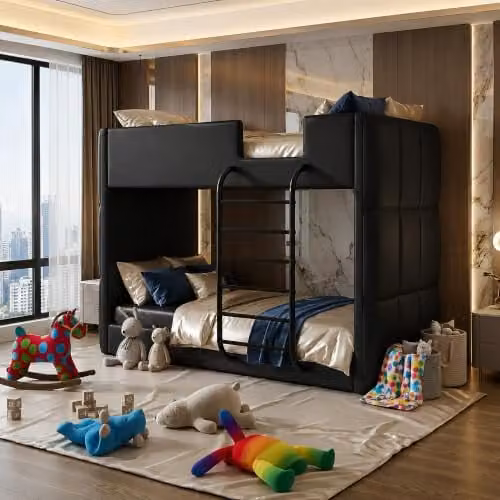 Harmin Black Faux Leather Single Bunk Bed with Modern Upholstered Design, W/D/H: 90 x 200 x 152.5 cm – 2