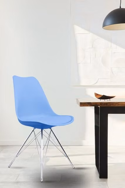 Fusion Living Soho Plastic Dining Chair with Chrome Metal Legs in Light Blue – 1