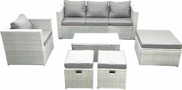 Fimous 6 Seater Rattan Garden Furniture Set in Light Grey with 3 Seater Sofa, Chair, Rectangular Coffee Table and 3 Footstools