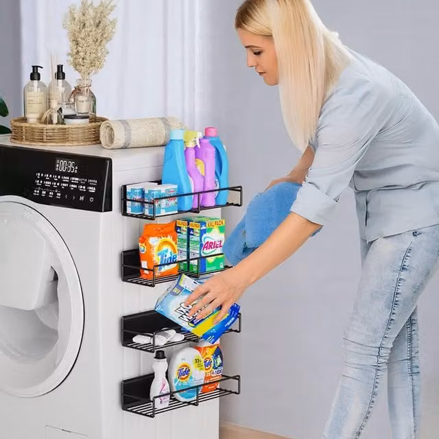 Livingandhome Magnetic Metal Kitchen Fridge Storage Shelf with Hooks in Black