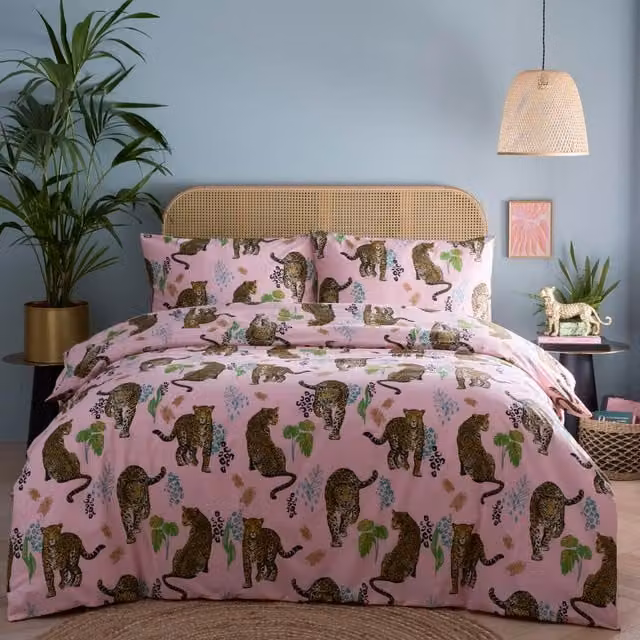 Portfolio Home Night Jaguar Graphic Duvet Cover and Pillowcase Set, Pink, W: 90 cm, L: 200 cm