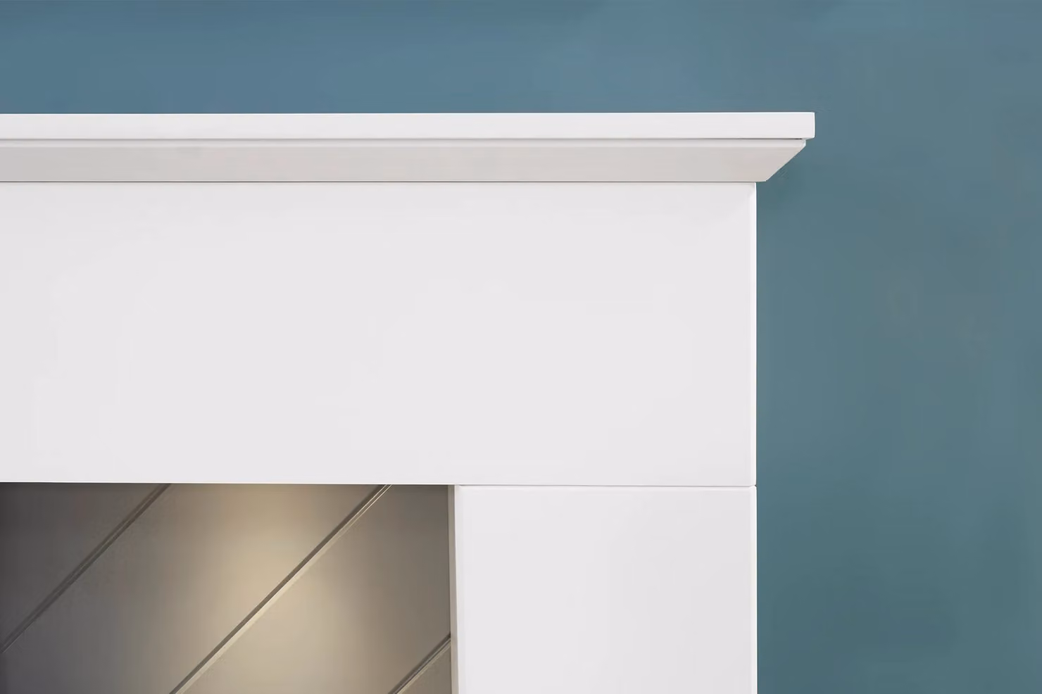 Adam Fires & Fireplaces Corinth Stove Fireplace in White and Grey with Downlights and Aviemore Electric Stove in White – 3