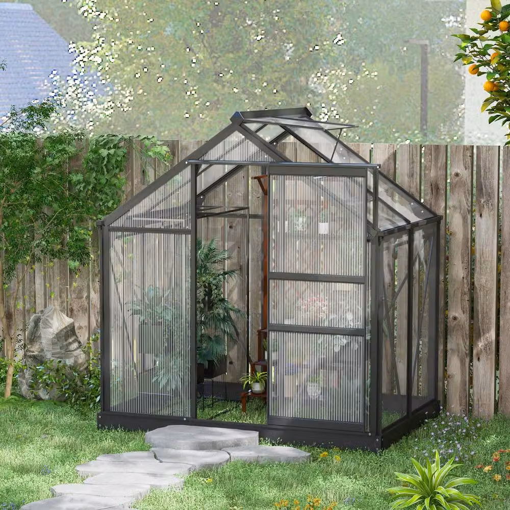 STILVORA Grey Walk-In Greenhouse with Aluminium Frame, Polycarbonate Panels, Sliding Door, Window and Rain Gutter, W/D/H: 201 x 121.92 x 132 cm – 2
