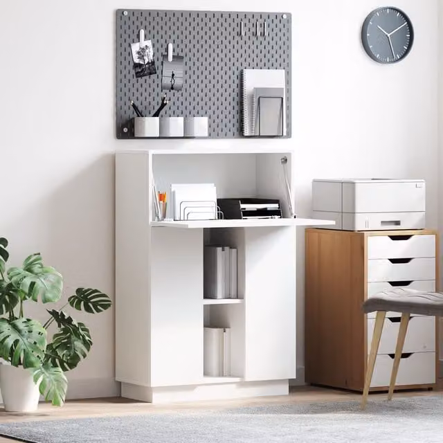 Berkfield Home White Modern Writing Desk with Enclosed Cabinet and Lift Mechanism – 1