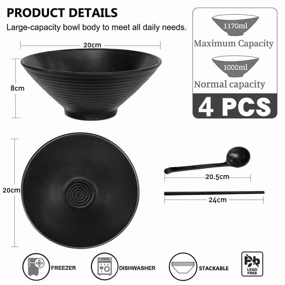 Greentainer Set of 4 Large Black Melamine Japanese Noodle Bowls with Chopsticks and Spoons – 2