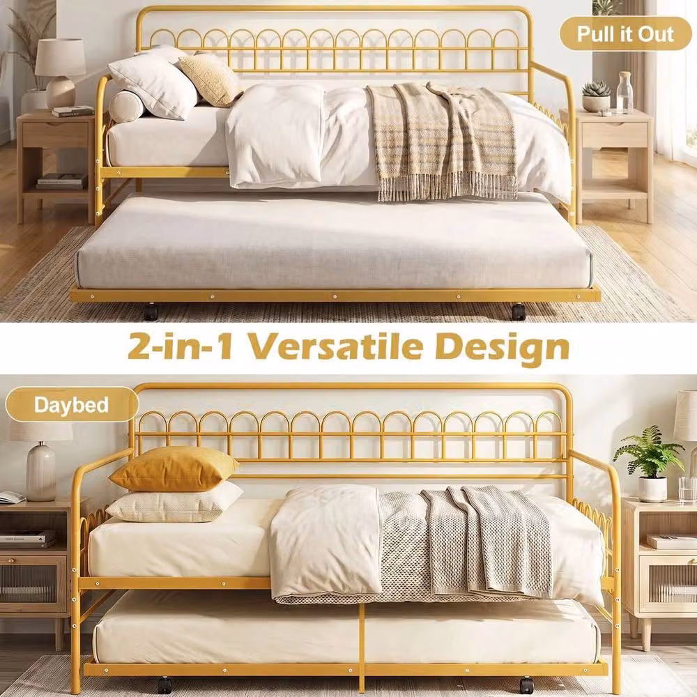 KORVIXA Modern Gold Pull-Out Single Daybed Sofa-Bed with Metal Frame – 2