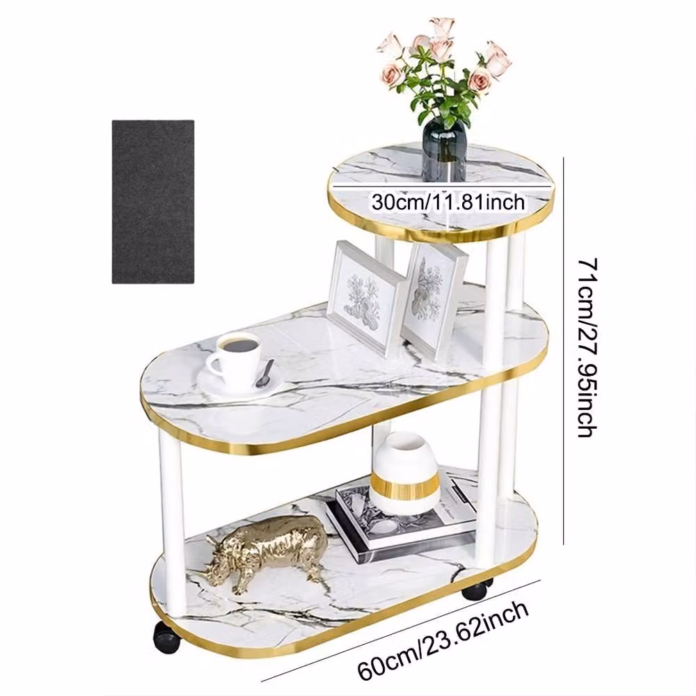 Ventryn White 3-Tier Oval Coffee Table with Marble Top and Castors – 2