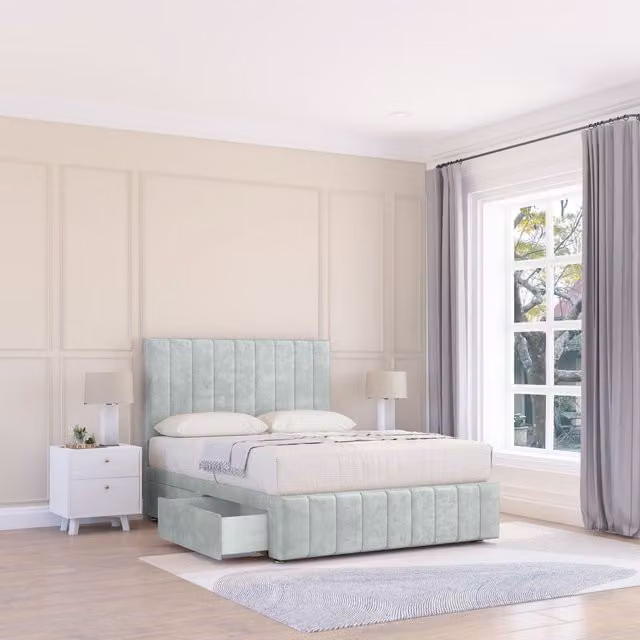 Sloomy California Divan Bed Base in Silver with 2 Drawers, Chesterfield Upholstered Fabric, 12 inch Footboard and 26 inch Struts Headboard, W/D/H: 90 x 200 cm