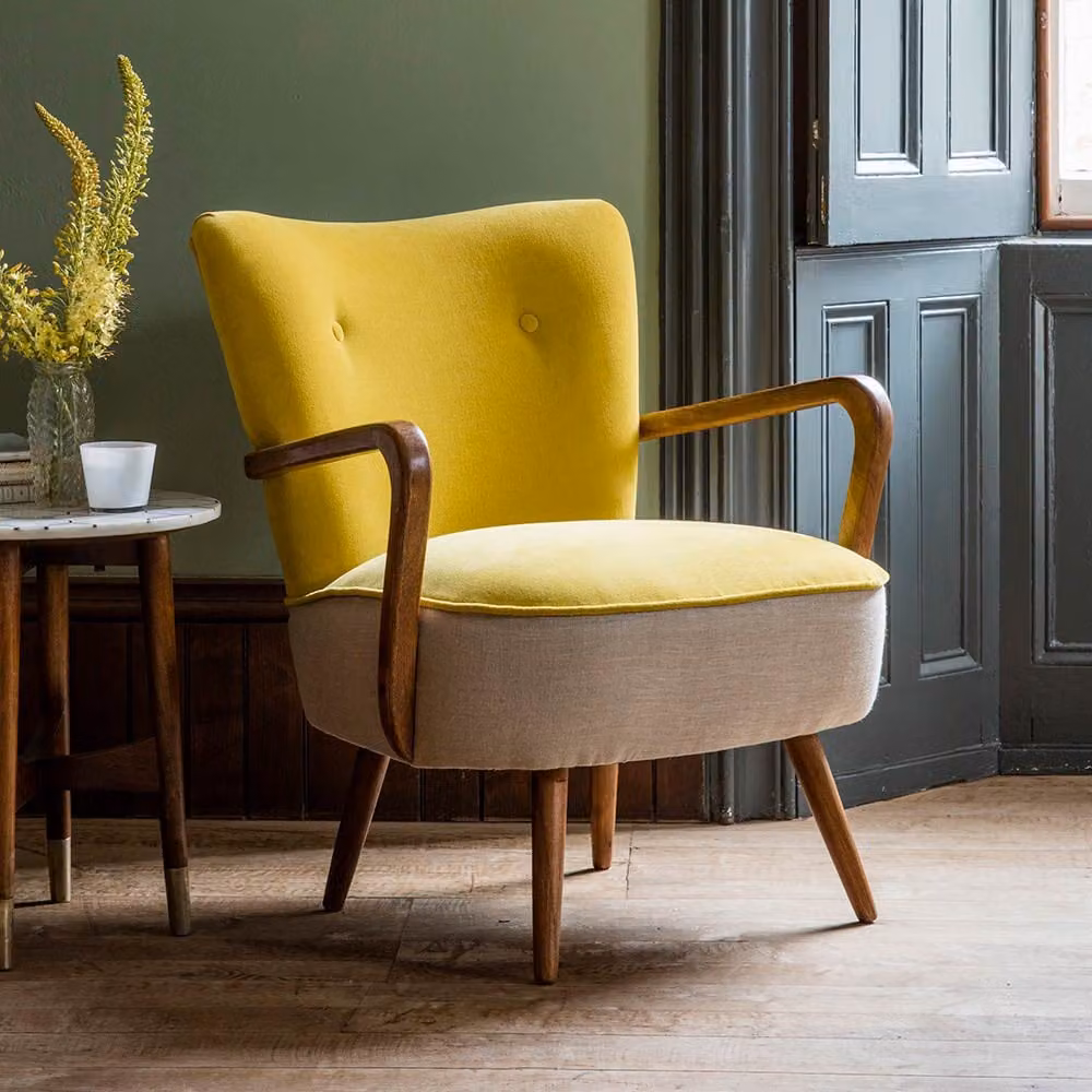 Atkin & Thyme Calvin Mid-Century Armchair in Yellow Velvet and Linen Fabric