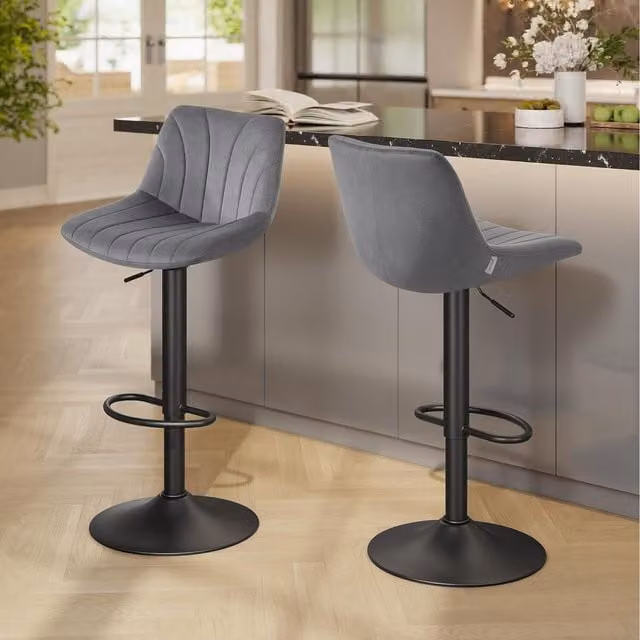 VASAGLE Set of 2 Grey Velvet Adjustable Bar Stools with Backs and 360 Degree Swivel
