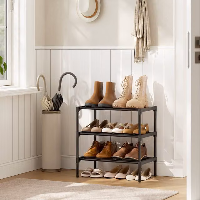 SONGMICS 3-Tier Slim Metal Shoe Rack, Black, W: 48.5 cm, D: 30 cm, H: 45 cm