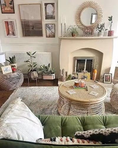 Desser Royal Rattan Coffee Table in Beige and Brown, Round Wicker and Glass Top with Cane Pole Design – 8