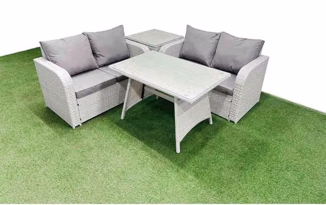 Fimous 4-Seat Outdoor Rattan Love Sofa Set with Rectangular Dining Table and Side Table, Light Grey
